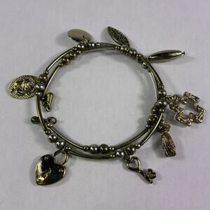 Vintage Bracelet Silver Tone Adjustable w/ 8 Charms Lock, Key, Rose, Love